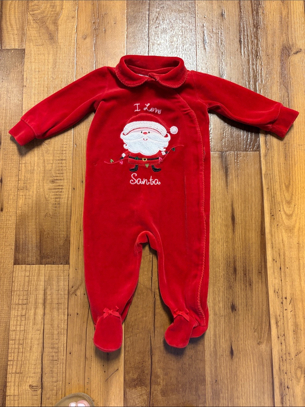 Red Santa Velvet Footed One-Piece W/ Embroidery and Santa Appliqué Size 6 Months